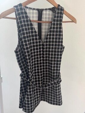 Ann Taylor Sleeveless Black and White Grid Peplum Top